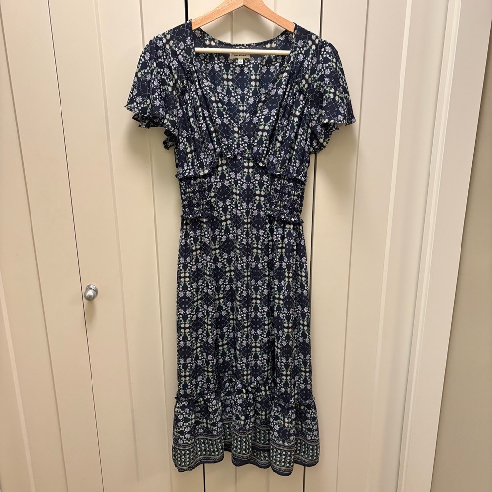 Max Studio Navy Floral Dress with  Flutter Sleeves -Cottagecore-Size M